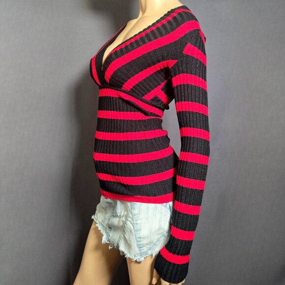 Y2K INC Striped Fitted Sweater Size XS Red Black Glitter Ribbed V Neck Emo - Picture 5 of 10